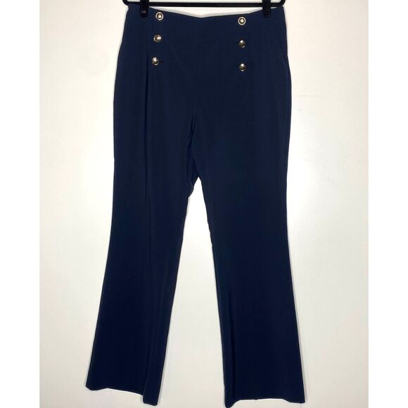 New H&M Button Front Wide Leg High Waist Navy Blue Pants |Women's Size 14 - Picture 1 of 7